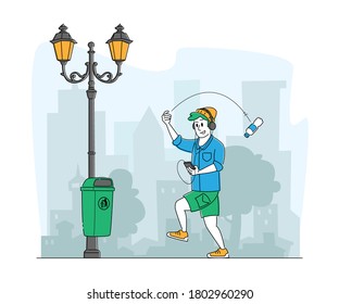 Male Character Pollute Environment. Irresponsible Citizen or City Dweller Passing by Litter Bin Throwing Garbage on Ground Ignoring Warning Sign. Disgusting Human Behavior. Linear Vector Illustration