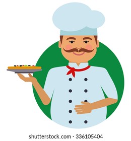 Male character, portrait of smiling male chef with moustache, holding plate with pizza