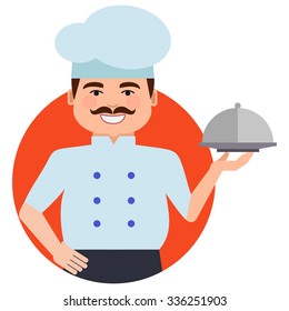 Male character, portrait of smiling male chef with moustache, holding dish closed with cloche