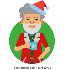 Male character, portrait of smiling man wearing Santa costume and fake beard, holding mug