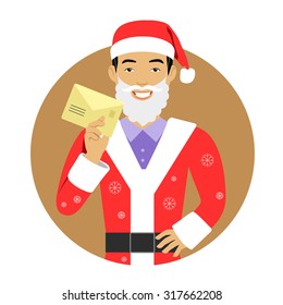 Male character, portrait of smiling man wearing Santa costume and fake beard, holding letter