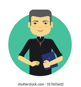 Male character, portrait of smiling priest holding Bible