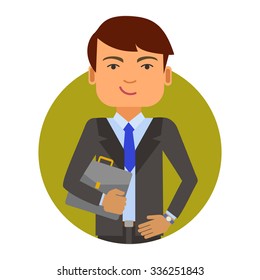 Male character, portrait of smiling young man in business suit holding briefcase