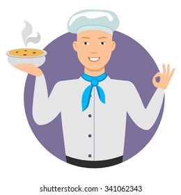 Male character, portrait of smiling young chef holding bowl with soup, showing okay gesture