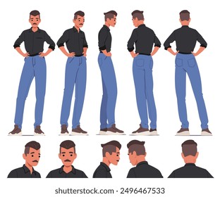 El Personaje Masculino Posa. El Hombre Con Una Camisa Negra Y Pantalones Azules Se Representa Desde Varios Ángulos, Incluyendo Vistas Frontales, Laterales Y Traseras. Tiene El Bigote Y El Pelo Corto, De Pie Con Las Manos En Las Caderas