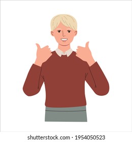 Male character with positive gesture. Happy cheerful young man showing two thumbs up. Hand drawn vector colorful funny cartoon style illustration
