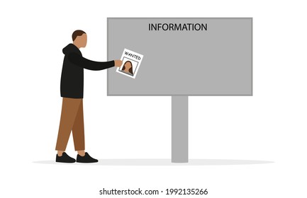 Male character posting wanted notice on bulletin board