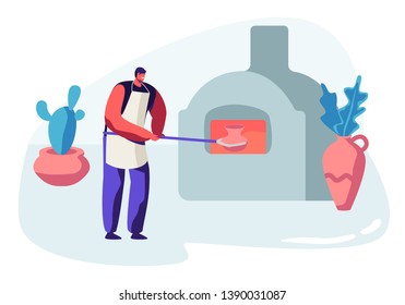 Male Character Pottery Master Put Fireclay Pot to Oven for Baking. Handcrafted Earthenware Creation Hobby. Pottery Manufacturing Worker Workshop, Working with Clay Cartoon Flat Vector Illustration