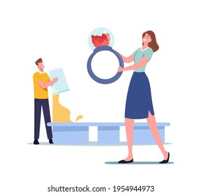 Male Character Pour Epoxy Resin in Mold for Making Craft Decor, Tiny Woman Holding Huge Ring, Handmade Jewelry Creation Hobby. People with Equipment for Creative Art. Cartoon Vector Illustration