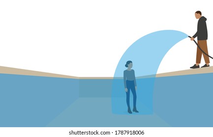 Male character pouring water from a hose onto a female character standing in an empty pool