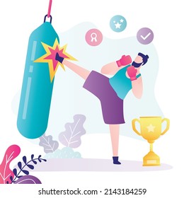 Male character practicing punches on punching bag. Athletic man practicing kicks before fight. Strong guy engaged in physical activity. Sportsman, champion motivated to win. Flat vector illustration