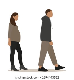 
Male character and pregnant female character follow each other