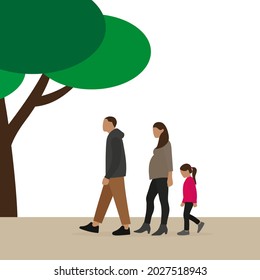 Male character, pregnant female character and little girl walking one after another outdoors