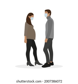 Male character and pregnant female character in medical masks on white background
