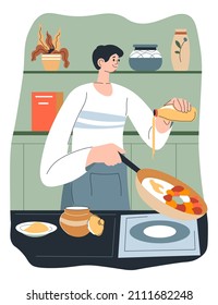 Male character preparing breakfast or lunch, dinner or supper in kitchen at home. Preparing dishes full in vitamins and nutrients, vegetables stir fry in pan, European cuisine. Vector in flat