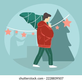 Male character preparing for xmas holidays, man carrying tree with garlands and baubles. Christmas and new year celebration. Buying pine from market, winter seasonal festivity. Vector in flat style