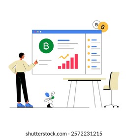 Male Character Presenting Cryptocurrency Training Data On A Chart In Flat Vector Illustration Symbolizing Digital Finance Education, Isolated On White Background.