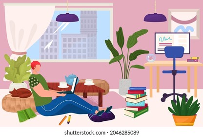 Male character professional specialist programmer freelancer work at home, man online remote employee banner flat vector illustration.