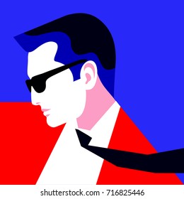 Male character, profile face. Portrait of young modern man wearing suit, tie and sunglasses. Vector illustration