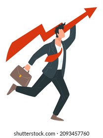 Male character promoted at work, growth and success within company. Employee with suitcase running and achieving results. Boss or director, employee with briefcase. Vector in flat style illustration