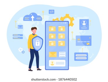 Male character protecting his data. Man trying to prevent identity, credit card and software access data theft. Concept of confidential personal data security. Flat cartoon vector illustration