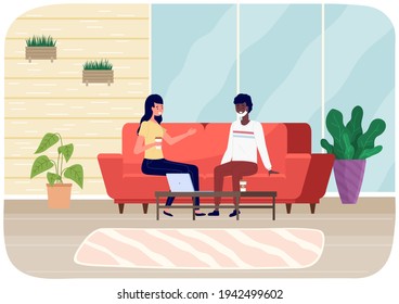 Male character in protective mask communicating with woman, safe conversation during quarantine
