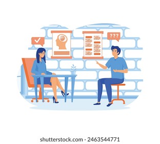 Male character at psychotherapist appointment. Psychologist talking to patient in cabinet. Health care, neurology and treatment concept. flat vector modern illustration