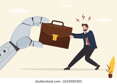 Male character pulling briefcase with robot arm. Human fighting with artificial intelligence for workplace and job. AI chatbot want replace businessman or employee. flat vector illustration