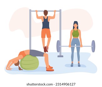 El personaje masculino se sube a la barra horizontal. Actividad física regular. La mujer hace ejercicios en la bola de fitness, el personaje femenino levanta la barbacoa. Formación muscular, estiramiento, balanceo