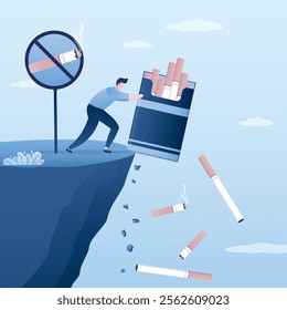 Male character pushes cigarette pack off cliff into abyss. Fighting nicotine addiction, quit smoking. Way to healthy lifestyle, tobacco refuse. Social issues, dependence. flat vector illustration