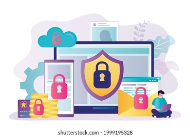 Male character put data protection against hacker attacks. Lock icon on all devices and data. Concept of online safety and cyber security. User sits with laptop. Trendy flat vector illustration