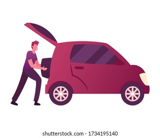 Carácter masculino coloca el equipaje en el tronco automático. El hombre usa el servicio de uso compartido de coches para el transporte en la ciudad. Taxi, Alquiler de coches y compartir con aplicación móvil, viajes, viaje. Ilustración del vector de dibujos animados