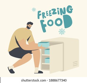 Male Character Put Plastic Containers with Vegetables or Products into Small Fridge or Freezer. Refrigerator for Freezing Food, Refrigeration, Fresh Meals Keeping Concept. Linear Vector Illustration