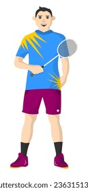 Male character with racquet, isolated man playing badminton or tennis. Sports and active lifestyle, sportive practice and training. Hobby or professional participation. Vector in flat styles