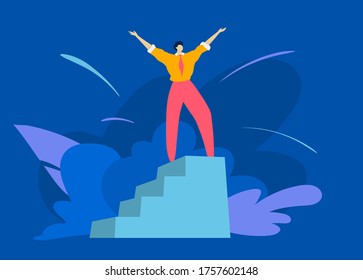 Male character raise hand up on winner pedestal, get first place successful man person take best place isolated on blue, concept flat vector illustration. Concept top monthly worker leaf background.