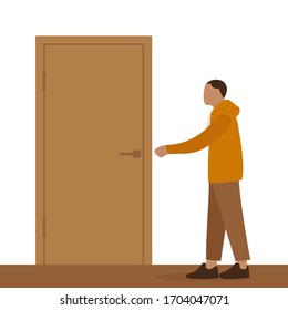 Male character reaches out to closed door
