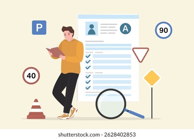 Male character read textbook and learning to drive a car on driver course. Paper form. Auto school test. Driving school, traffic rules. Smart young man preparing driving exam or practice. flat vector