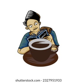 Male character reading a book with a coffee cup.