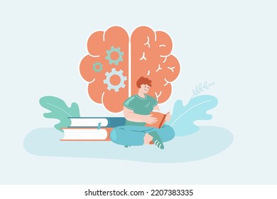 Male character reading book flat vector illustration. Huge human brain in background. Education, growth, development, study concept for banner, website design or landing web page