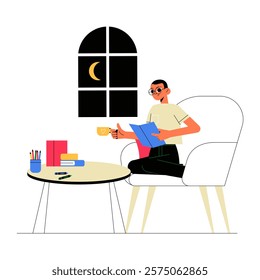 Male Character Reading Book In Living Room At Night In Flat Vector Illustration Symbolizing Relaxation, Knowledge, And Personal Growth, Isolated On White Background