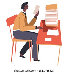 Male character reading information written on papers. Secretary or manager dealing with paperwork. Documents checking, worker looking at pages. Documentation of boss, vector in flat style illustration