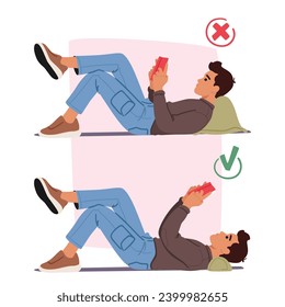 Male Character Reading, Lying on Pillow in Right and Wrong Postures. Improper, Slouching With Rounded Shoulders. Proper, Hands Upright front of Eyes Level, Maintaining A Healthy Spine Alignment