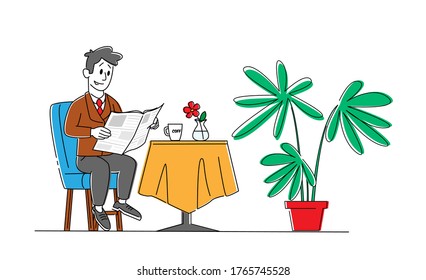 Male Character Reading Morning Newspaper and Drinking Coffee Sitting at Served Table at Home Interior Isolated on White Background. Man Get Information from Publishing. Linear Vector Illustration