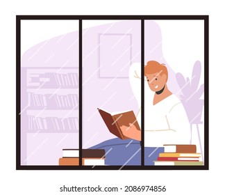 Male Character Reading Sitting at Window with Rain Outside. Education or Hobby Concept. Man Read Book at Home. Student Prepare to Exam, Weekend Sparetime, Human Life. Cartoon Vector Illustration