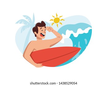 Male character ready to surf on the beach. Summer illustration asset for infographic, poster, and travel agencies website