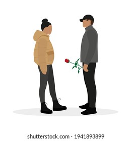 Male character with red rose in hand and female character together on white background