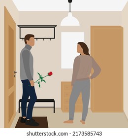 Male character with a red rose in hand and female character in the hallway