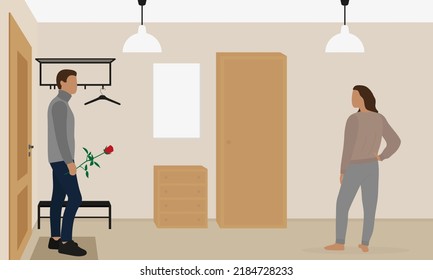 Male character with a red rose in hand and female character in the hallway