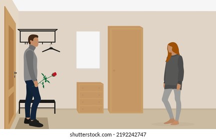 Male character with a red rose in hand and female character in the hallway