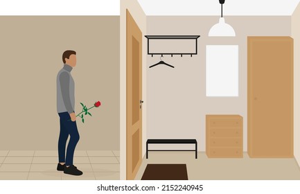 A male character with a red rose in his hand stands in front of the door to the apartment